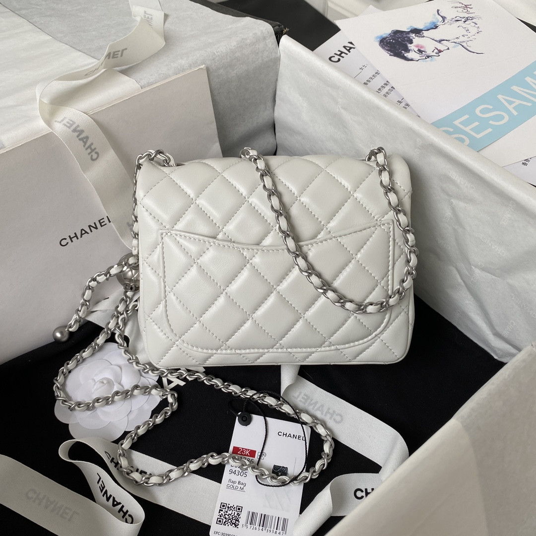 Ch**el MINI FLAP BAG SHINY CALFSKIN & SILVER-Tone METAL WHITE 5.3 × 6.6 × 3.1 in