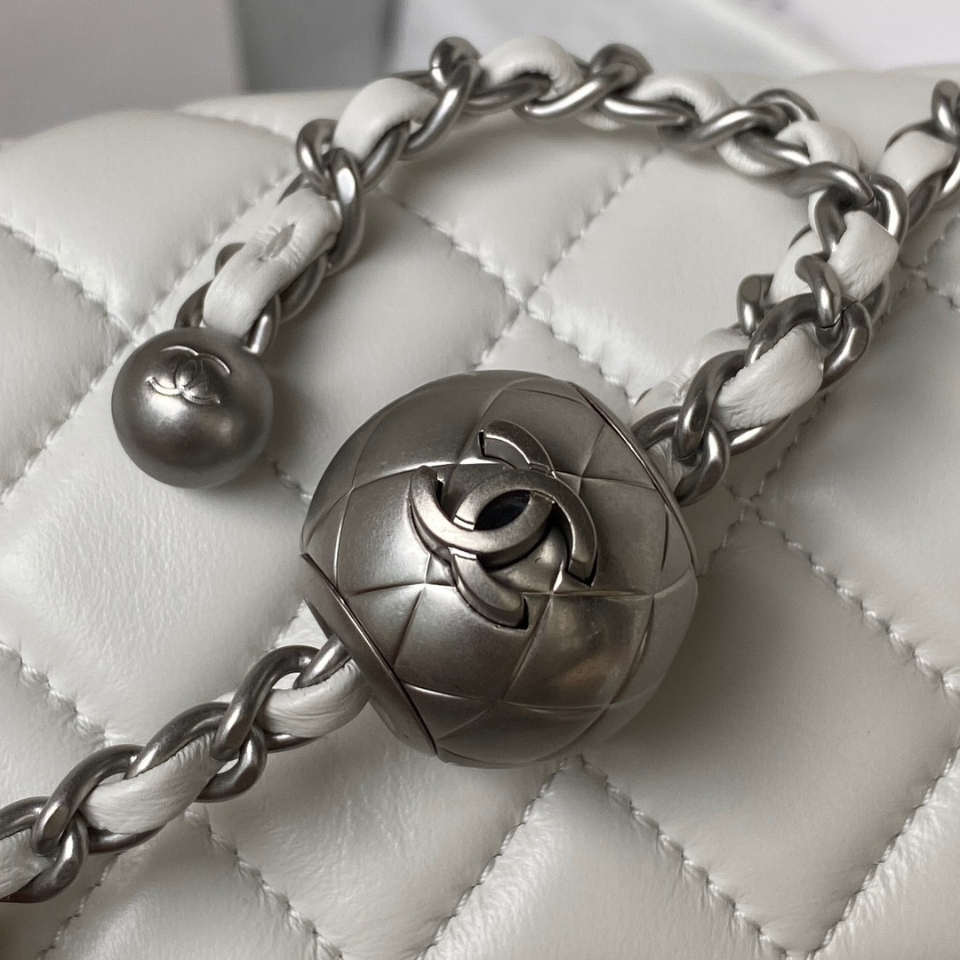 Ch**el MINI FLAP BAG SHINY CALFSKIN & SILVER-Tone METAL WHITE 5.3 × 6.6 × 3.1 in