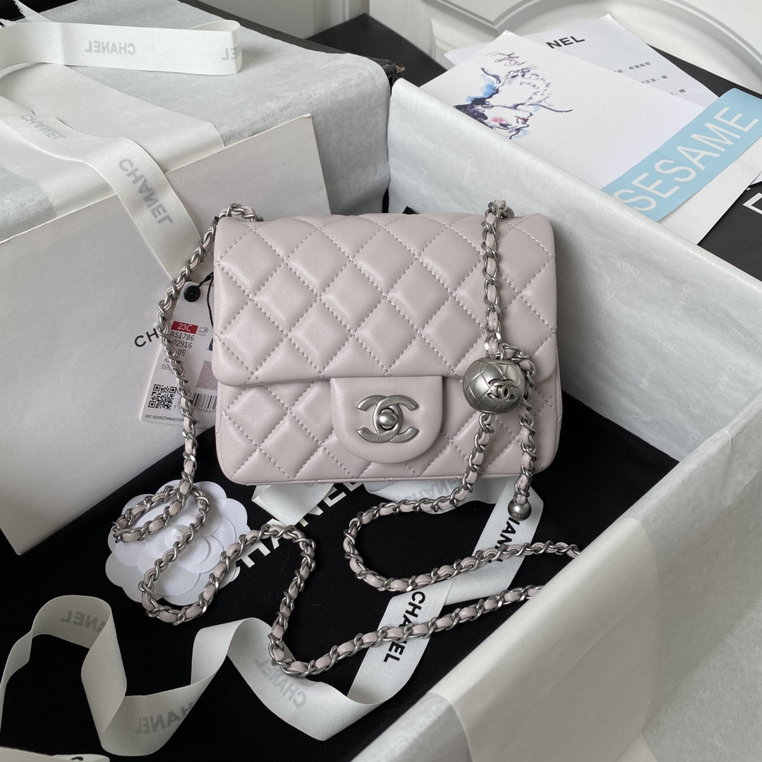 Ch**el MINI FLAP BAG SHINY CALFSKIN & SILVER-Tone METAL 5.3 × 6.6 × 3.1 in