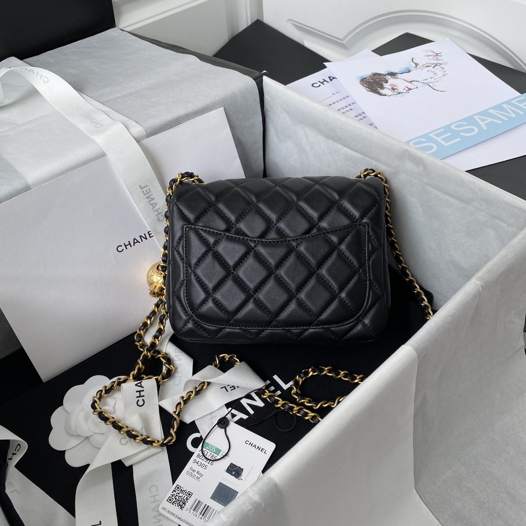 Ch**el MINI FLAP BAG SHINY CALFSKIN & Gold-Tone METAL BLack 5.3 × 6.6 × 3.1 in