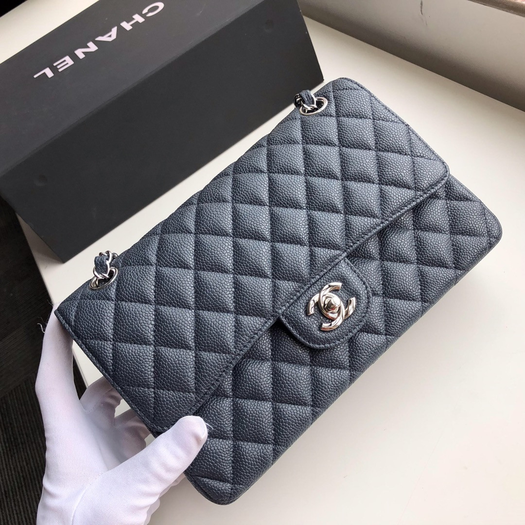 Ch**el CLASSIC HANDBAG GRAINED CALFSKIN & SILVER-TONE METAL NAVY 6 × 9.9 × 2.5 in