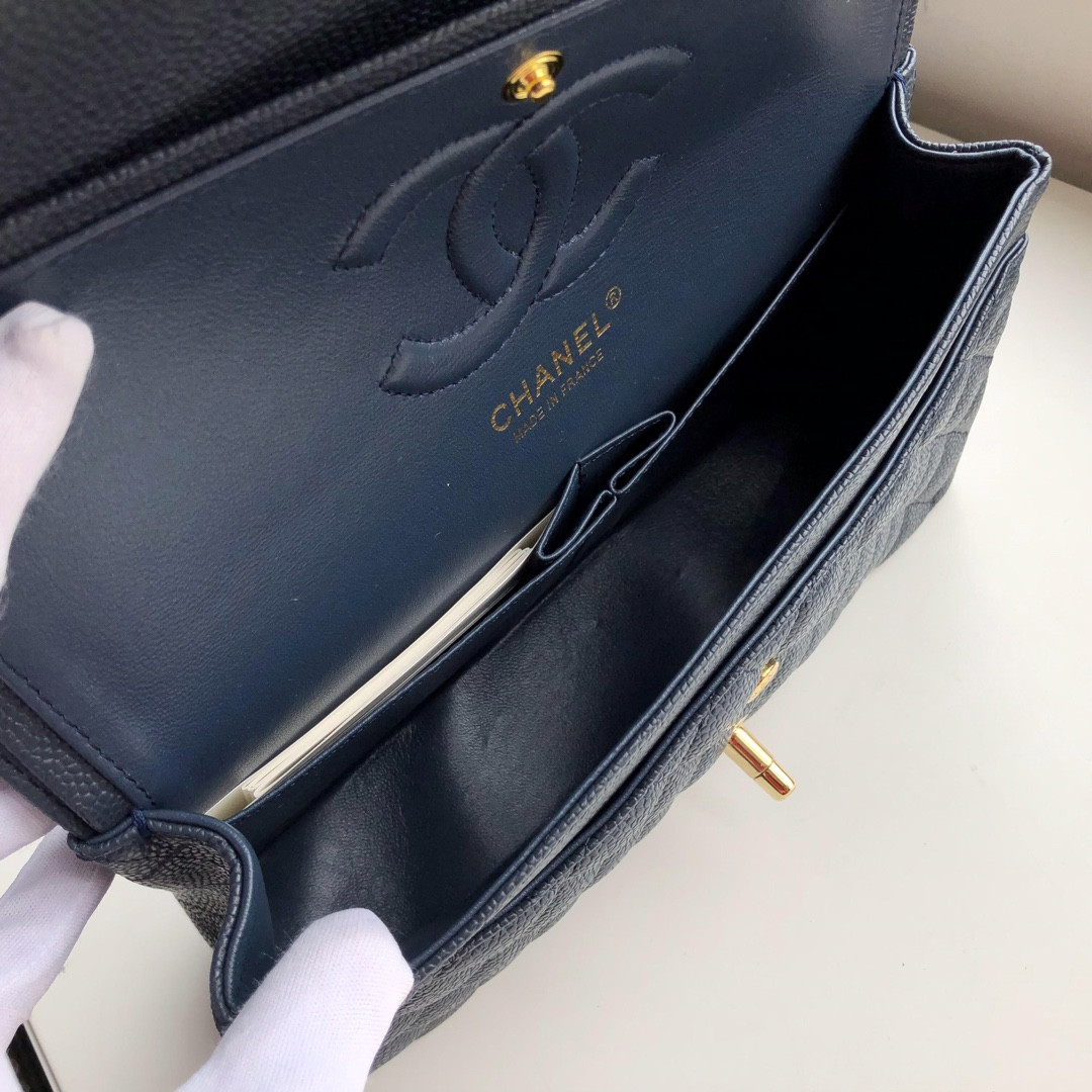 Ch**el CLASSIC HANDBAG GRAINED CALFSKIN & GOLD-TONE METAL NAVY 6 × 9.9 × 2.5 in