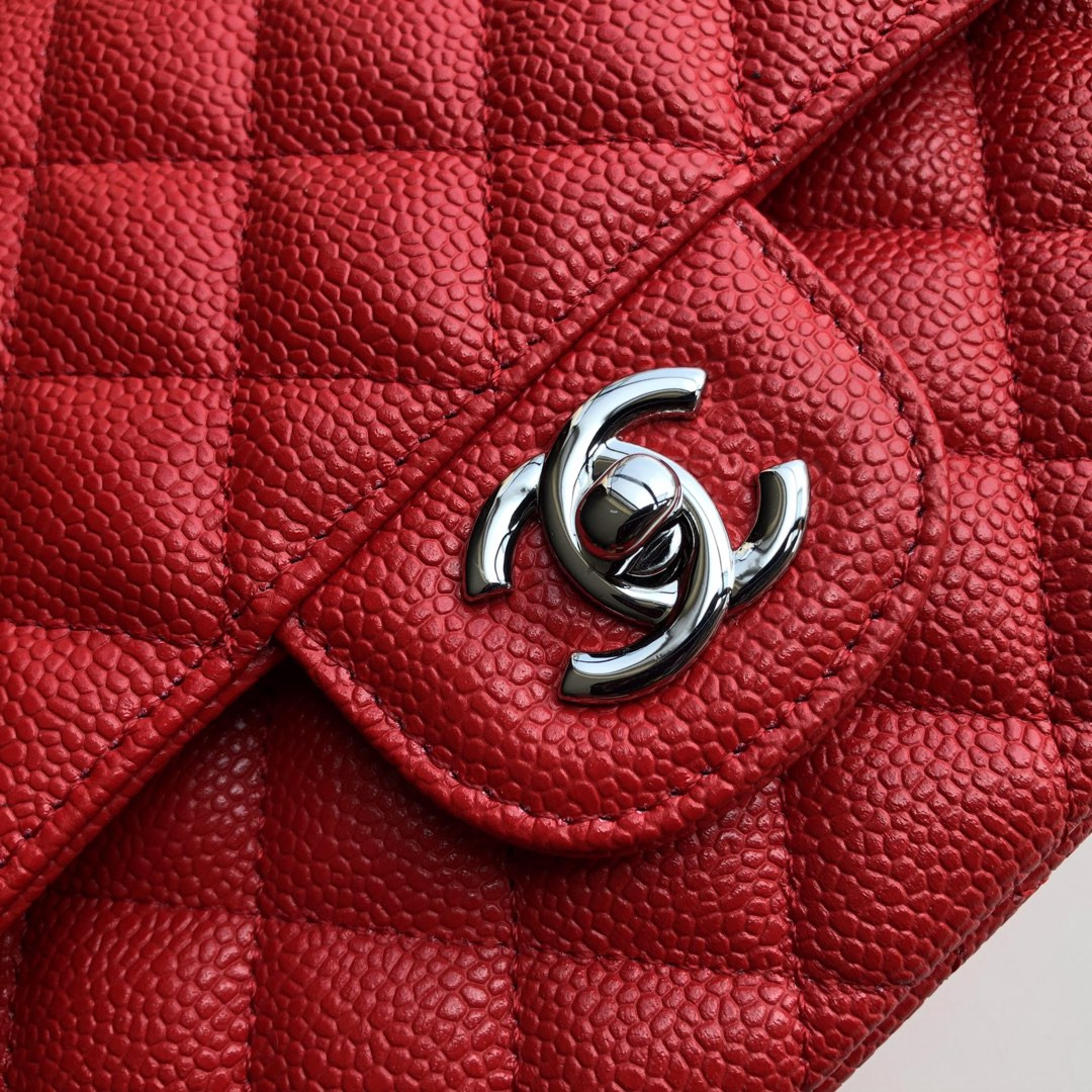 Ch**el CLASSIC HANDBAG GRAINED CALFSKIN & SILVER-TONE METAL SHINY red 6 × 9.9 × 2.5 in