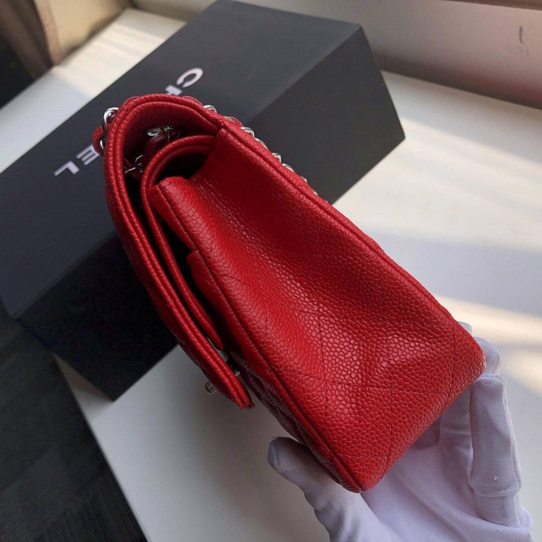 Ch**el CLASSIC HANDBAG GRAINED CALFSKIN & SILVER-TONE METAL SHINY red 6 × 9.9 × 2.5 in