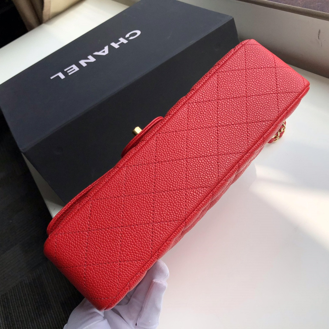 Ch**el CLASSIC HANDBAG GRAINED CALFSKIN & gold-TONE METAL SHINY red 6 × 9.9 × 2.5 in