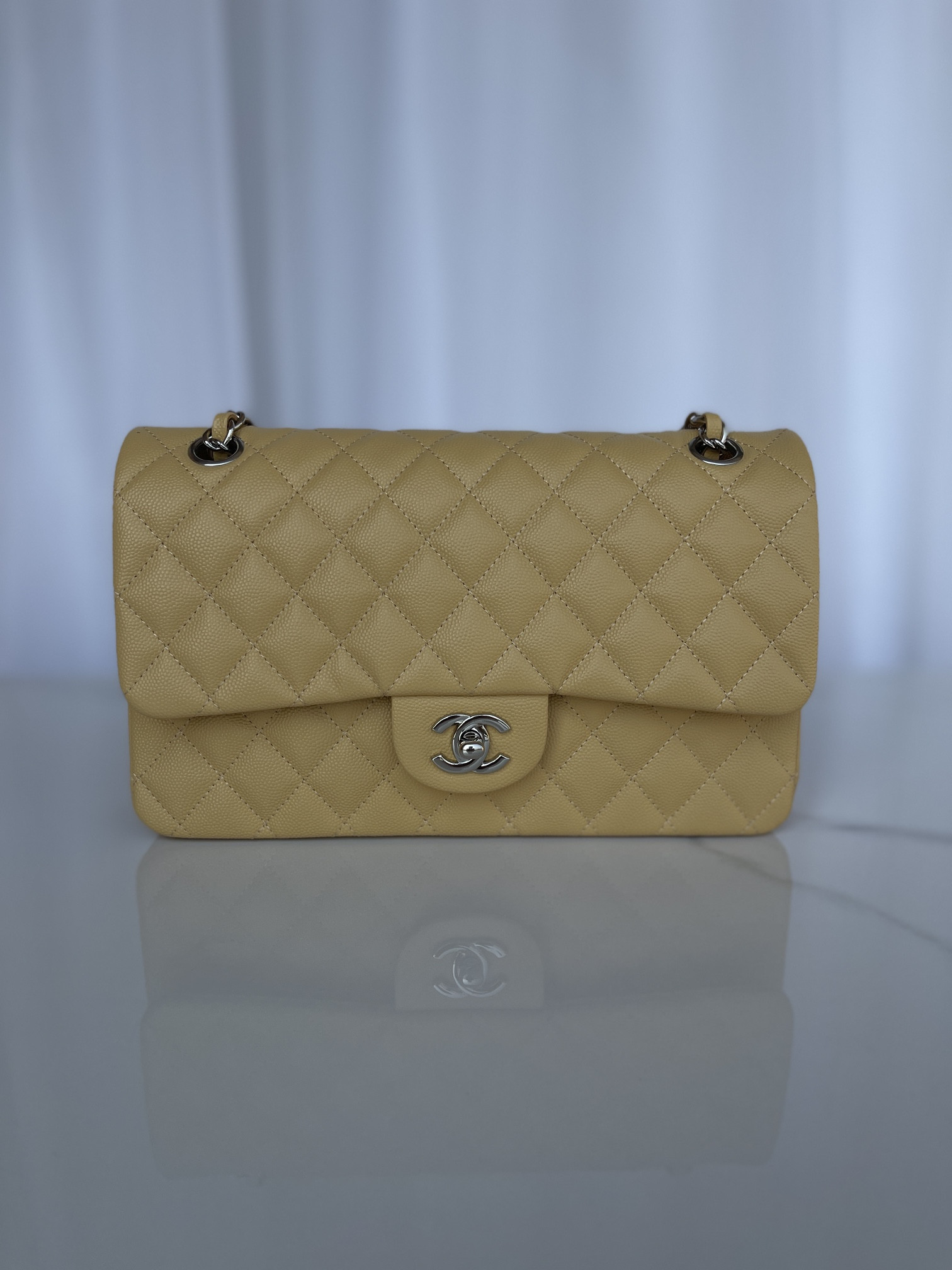 Ch**el CLASSIC HANDBAG GRAINED CALFSKIN & SILVER-TONE METAL YELLOW 6 × 9.9 × 2.5 in
