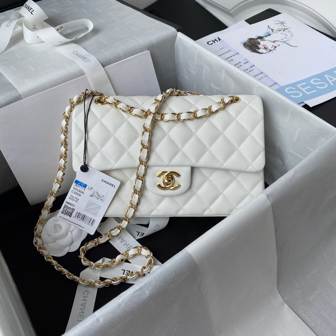 Ch**el SMALL CLASSIC HANDBAG Grained Calfskin & Gold-Tone Metal White 5.7 × 9 × 2.3 in