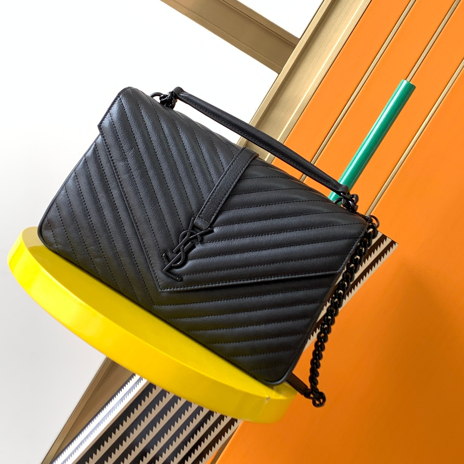 Y51 COLLEGE MEDIUM IN QUILTED LEATHER ALL BLACK 9.4 X 6.6 X 2.5 INCHES