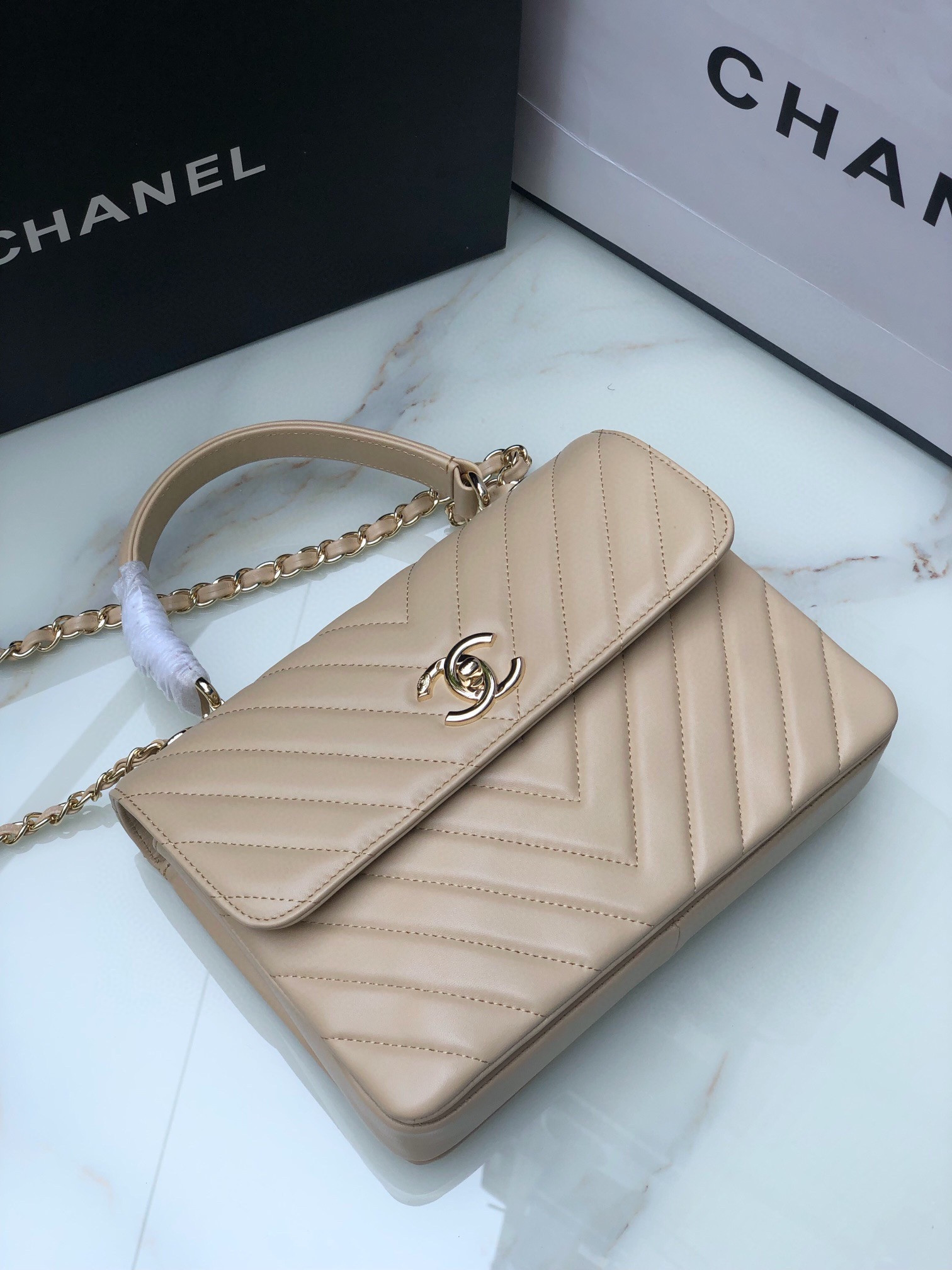 Ch**el FLAP BAG WITH TOP HANDLE BEIGE 6.6 × 9.8 × 4.7 in