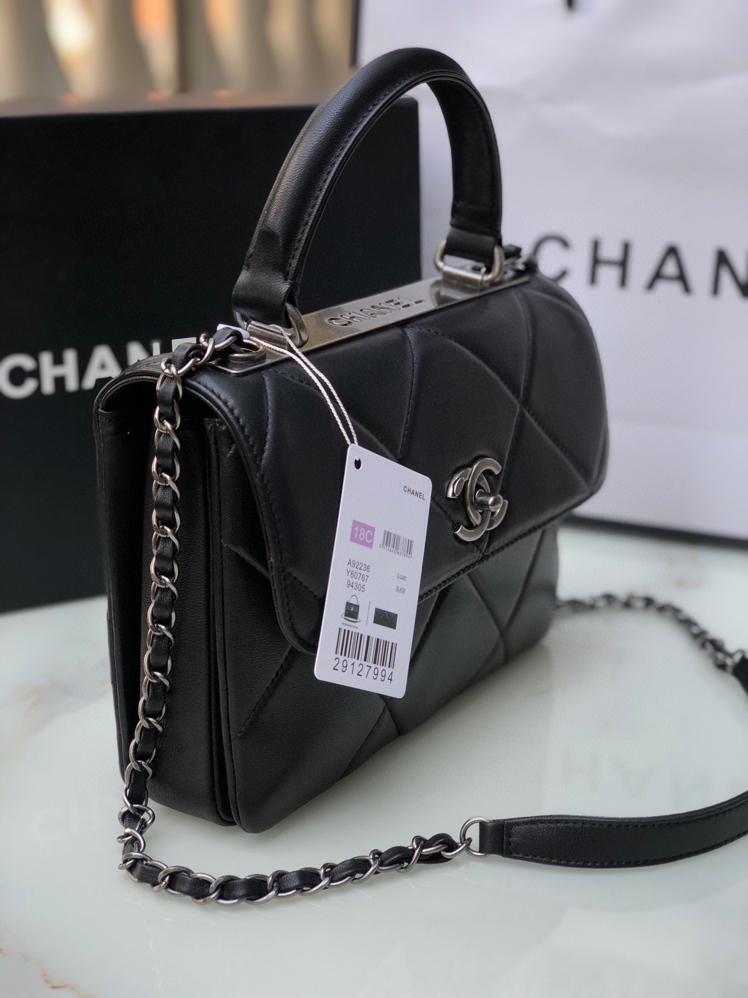 Ch**el FLAP BAG WITH TOP HANDLE 6.6 × 9.8 × 4.7 in