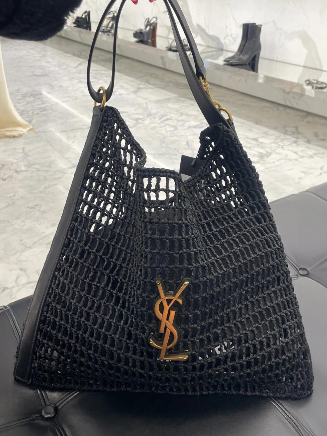 Y51 OXALIS BAG IN RAFFIA MACRAMÉ BLACK 14.6X 5.7X1.2INCHES
