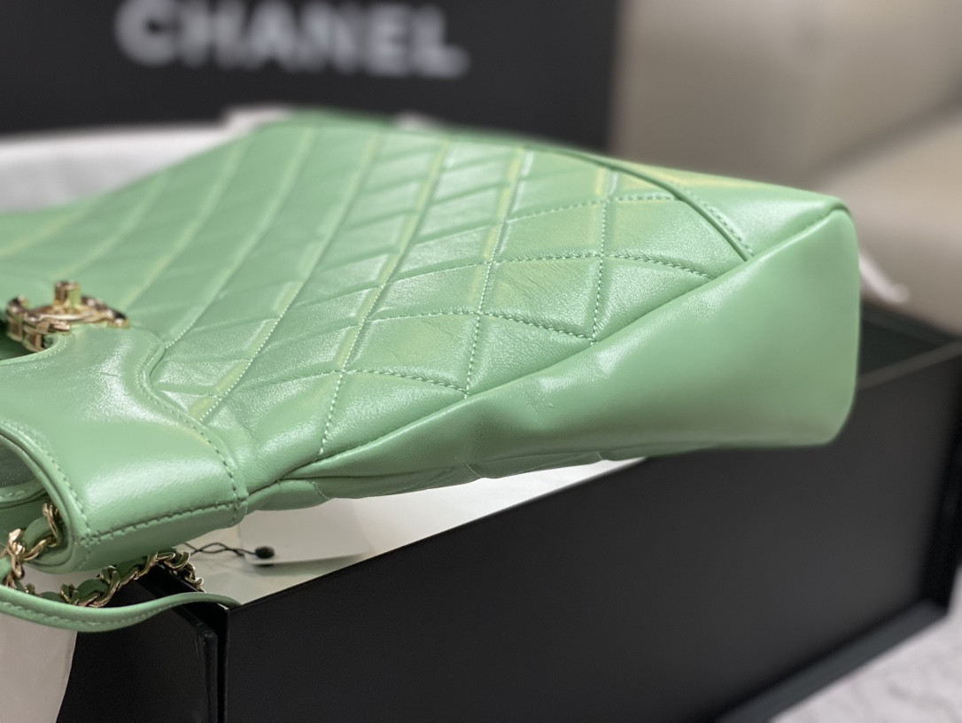 Ch**el SHOPPING BAG Shiny Lambskin & Gold-Tone Metal Light green 11.7 × 11.3 × 3.5 in