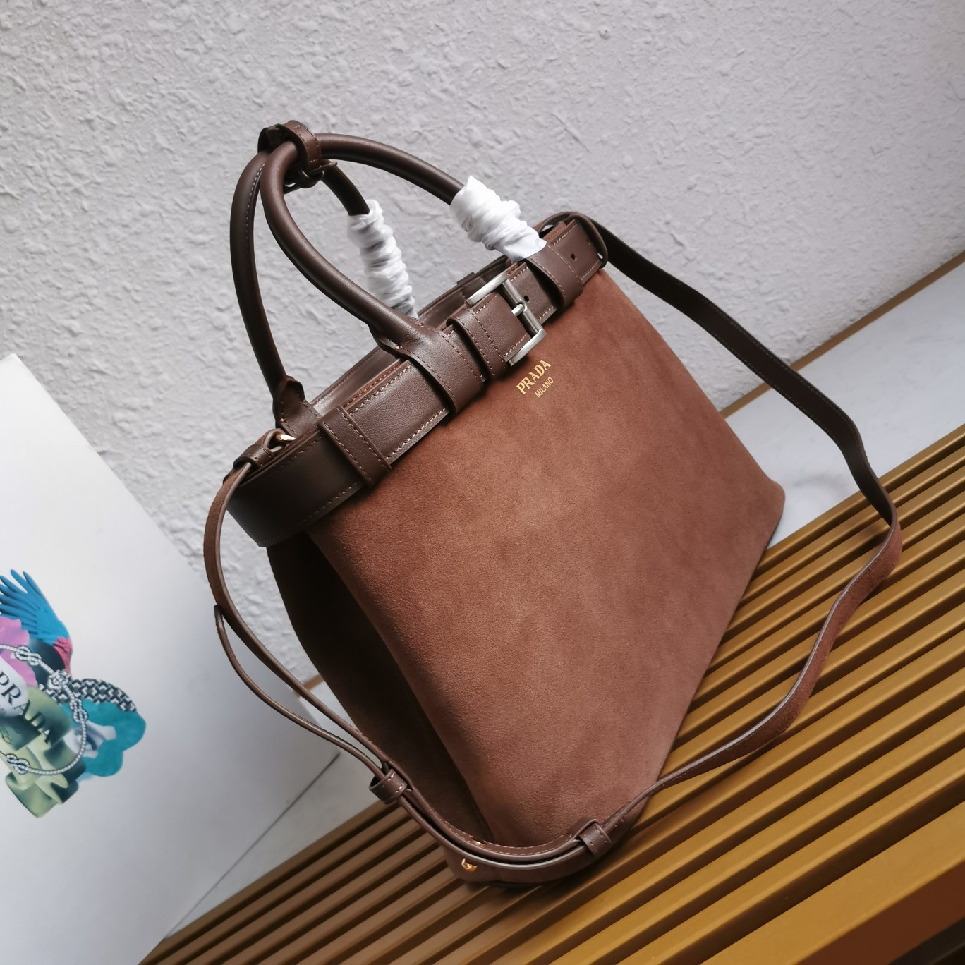 Pra*a Large Pra*a Buckle suede bag with belt  27.5x37.5x14cm