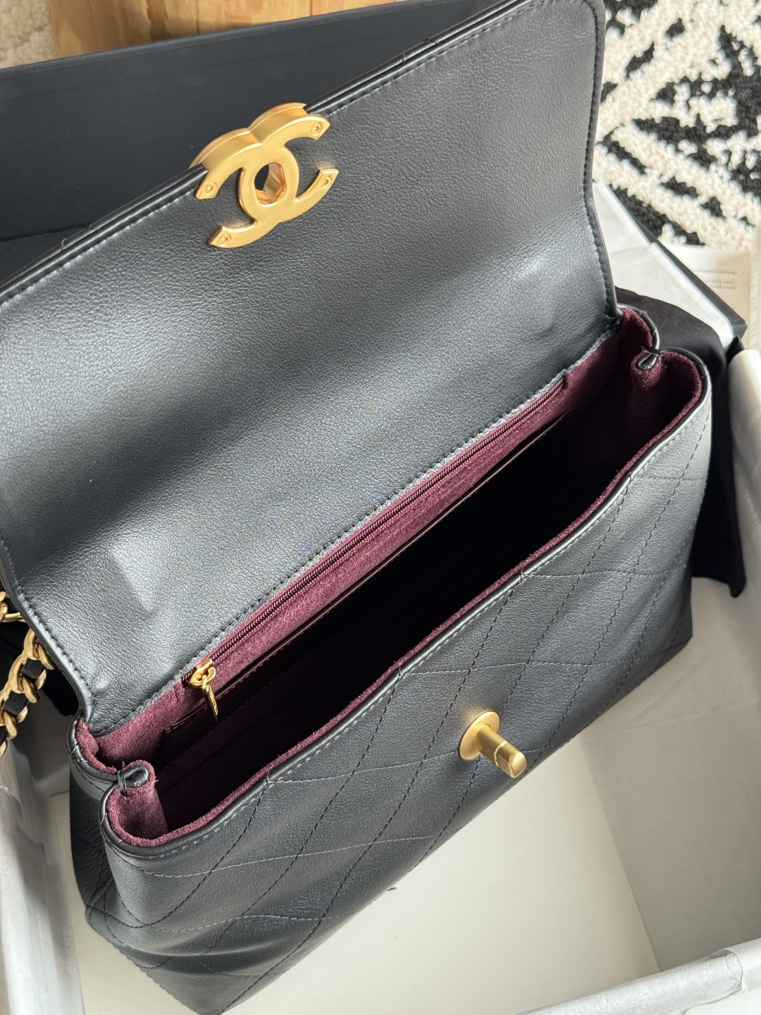 Ch**el Large Flap Bag with Top Handle Calfskin 20.5x28x9.5cm