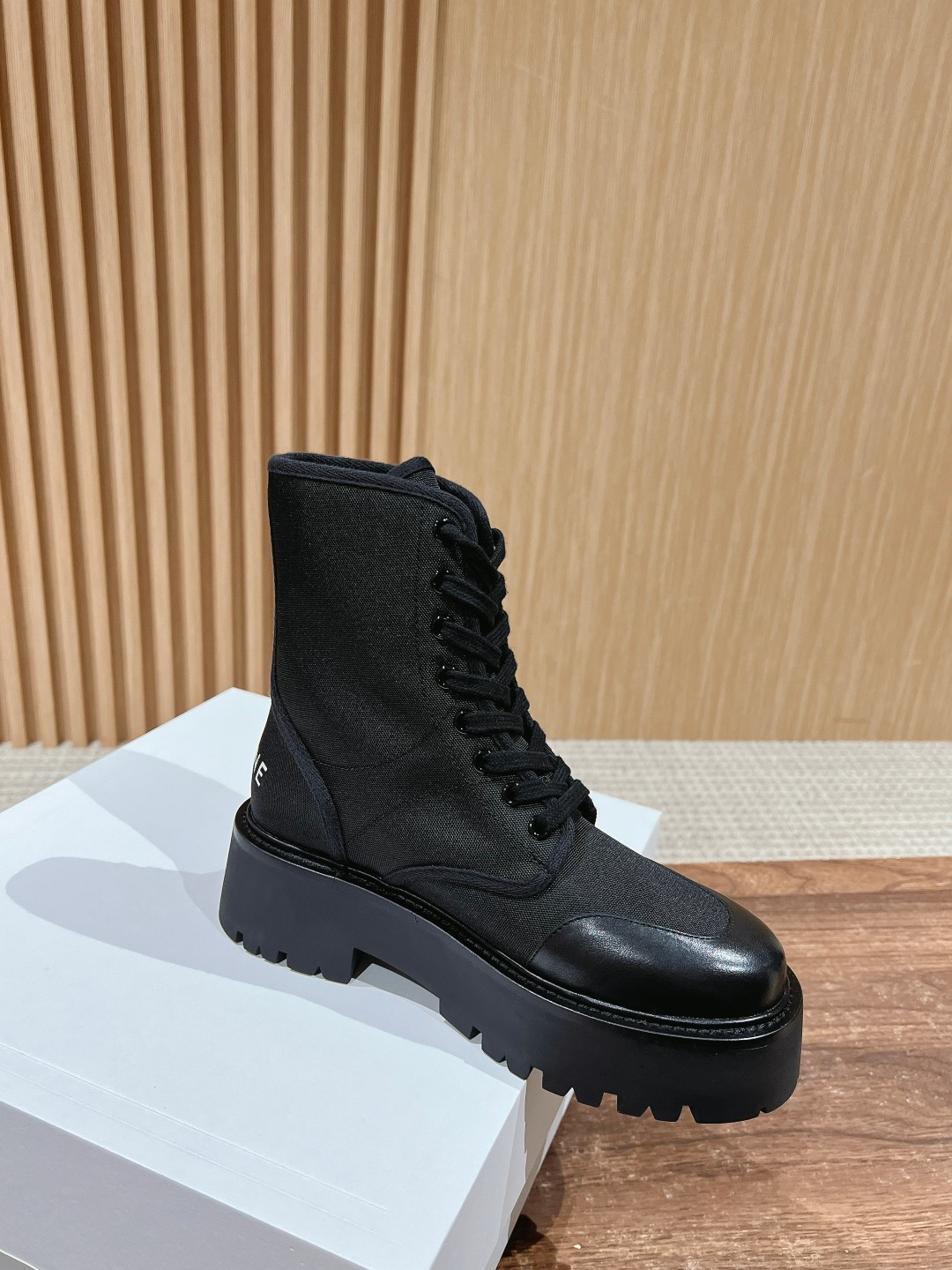 UA Ce1i*e Bulky Laced UP Boot in Nylon and Shiny Bull 4.5cm Heel