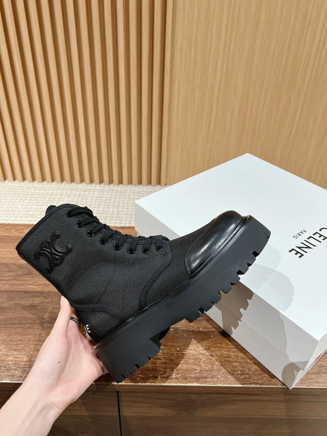 UA Ce1i*e Bulky Laced UP Boot in Nylon and Shiny Bull 4.5cm Heel