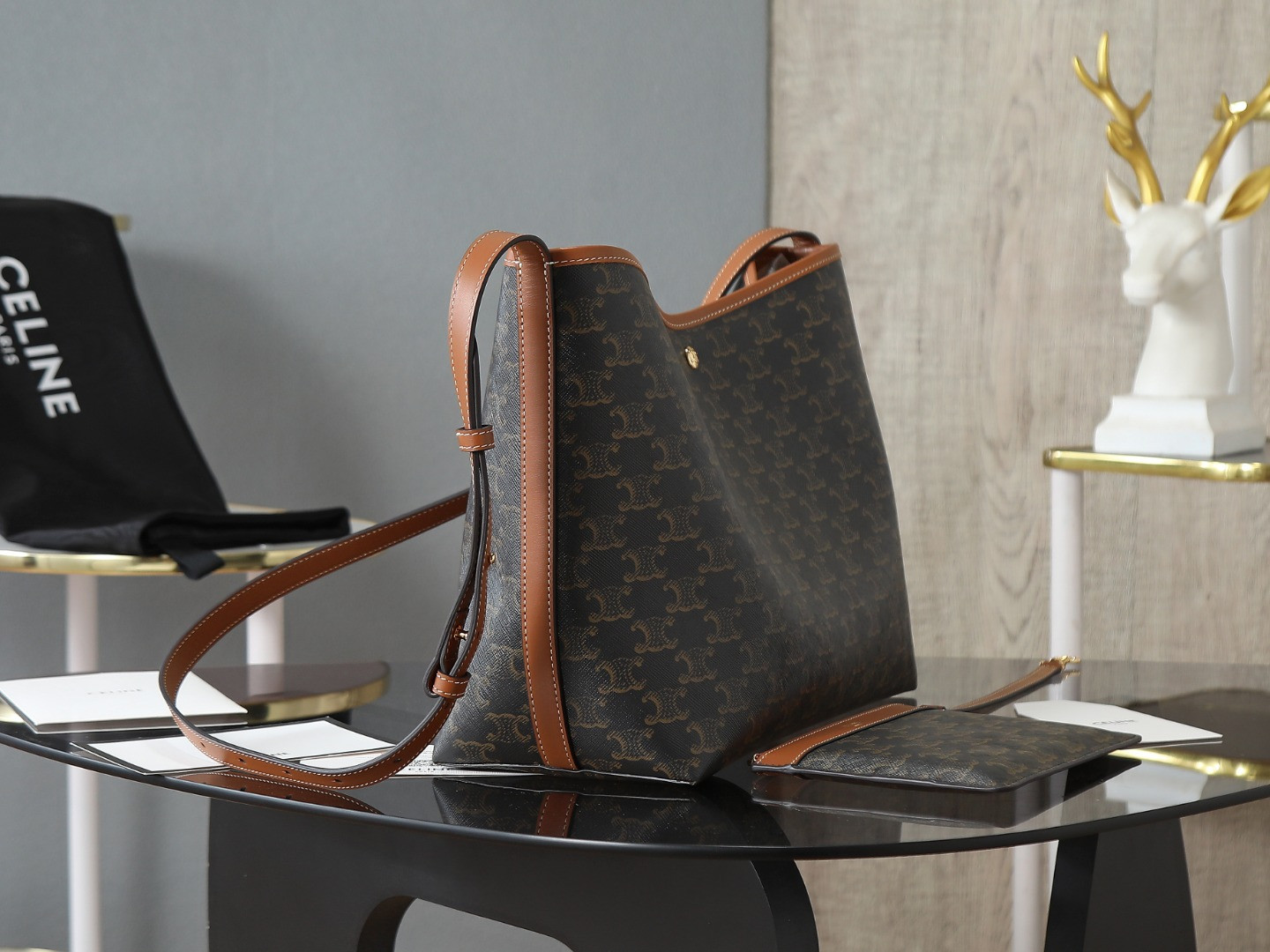 Ce1i*e SOFT SHOPPER BAG IN Triomphe Canvas and Calfskin 32.5x24.5x14cm